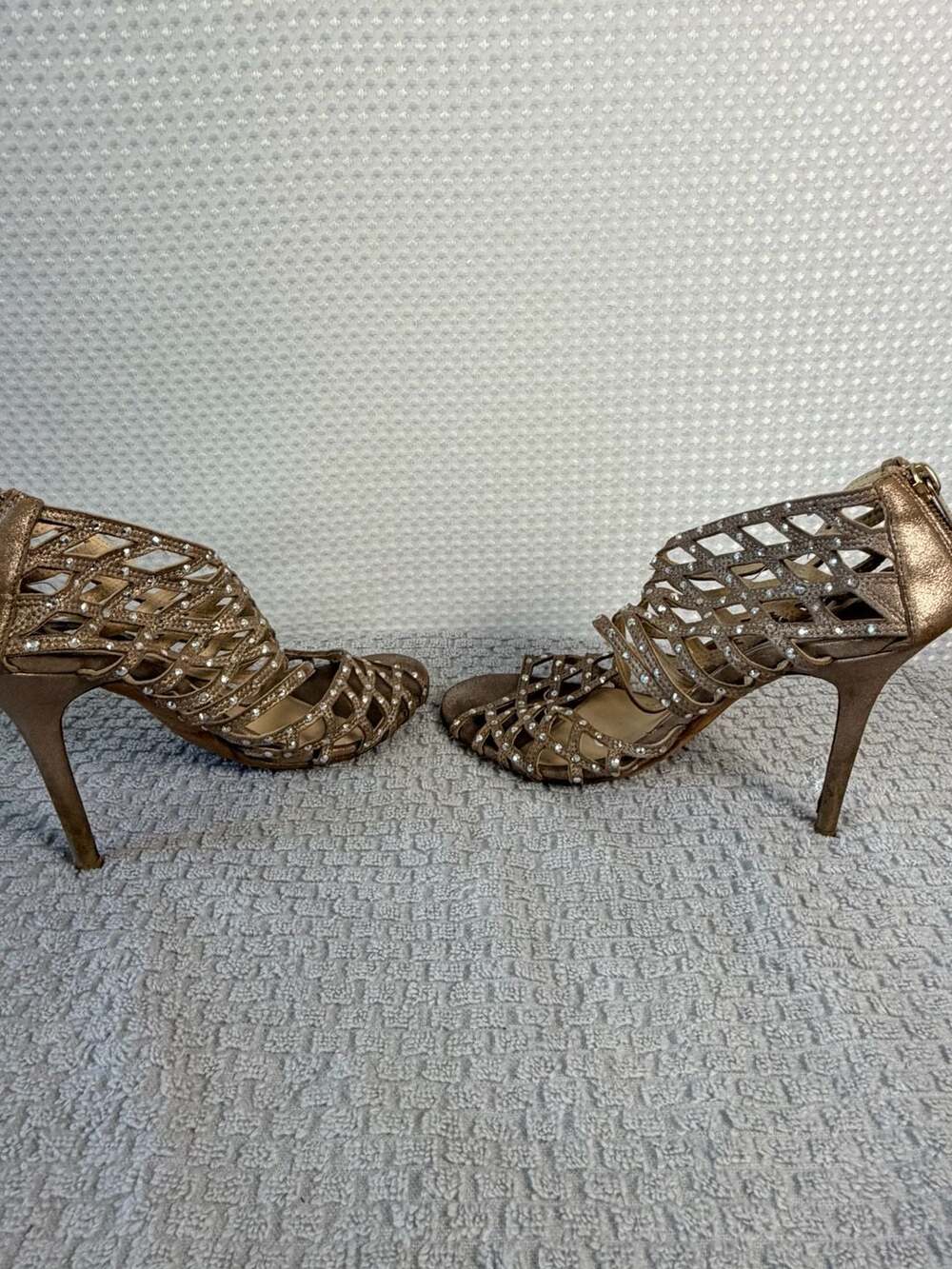 Jimmy Choo Beige Gold Suede Rhinestone Caged Stiletto Sandals Sz 9 - Picture 8 of 12